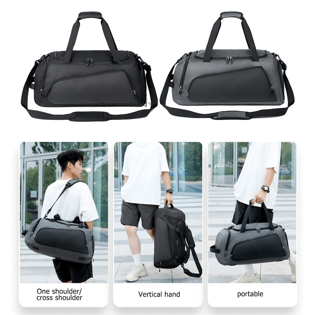 Black sports waterproof bag with shoe compartment displayed in various carrying styles: shoulder, vertical, and portable.